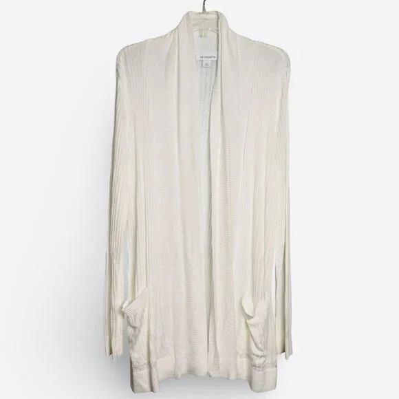 Liz Claiborne Cardigan‎ Sweater Women M White Ribbed Knit Open Front Pockets NWT - Picture 2 of 10